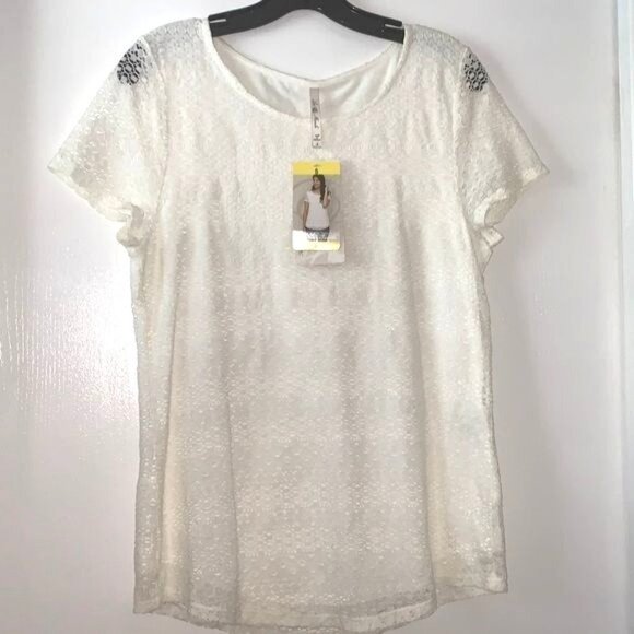 Leo & Nicole Womens Off-White Lace Short Sleeve Top Size Small - Picture 1 of 11